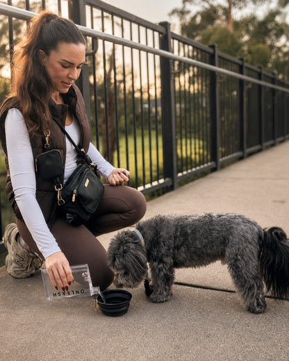 Woman pouring water from the Onleash Water Bottle into the Travel Bowl for her dog